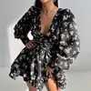 Verão 2026 Novo Estilo Transfronteiriço Europeu e Americano Comércio Exterior Moda Feminina Elegante Estilo Resort Francês Vestido Estampado com Babados