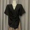 Camisa de Acetato de Diseño de Alta Gama con Mangas Cortas y Cuello en V, Nuevo Estilo Verano 2026, Única y Elegante, Top Adelgazante con Lazo en la Cintura