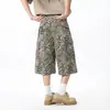 Jeans Acampanados Cortos con Pliegues Estampado de Leopardo Estilo Americano para Hombres y Mujeres, Diseño High-Street, Streetwear, Pantalones Cortos Anchos Multibolsillos de Nicho