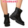 En Stock 2025 Comercio Exterior Punta Redonda Cremallera Lateral Hebilla Tacón Cuadrado PU Botines Cortos para Mujer Europeos y Americanos Otoño e Invierno Nuevos Botines