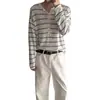 Tricô com Gola Henley Suéter de Liocel Masculino Listrado Vazado Manga Longa Cobertura Outono Inverno Estilo Fino Venda por Atacado Fábrica Transfronteiriça