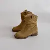 Botas Cano Curto Estilo Wasteland com Salto Grosso Aumenta Altura Dobradas para Mulheres 2025 Novo Estilo Outono com Saia Botas Western Cowboy Martin