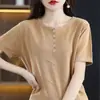 Estilo Novo Primavera e Verão Estilo Preguiçoso Algodão Puro Tricô Manga Curta Solto Gola Redonda Fino Tricô Camiseta Versátil com Botões para Mulheres