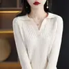 Camiseta de punto básica con cuello polo de algodón puro de manga tres cuartos, nuevo diseño de otoño e invierno, color liso, patrón de gofre, ropa interior 100% algodón