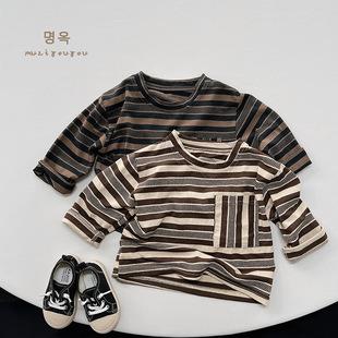 个性款~儿童条纹T恤2023春季新款男女童韩版复古条纹百搭长袖上衣