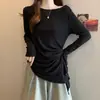 Camiseta de manga larga con cuello redondo y hombros rectos para mujer, temporada de primavera y otoño, talla grande, adelgazante, diseño de top, dobladillo inclinado, corte ajustado, entallado en la cintura, capa base