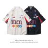 Camisa de Manga Corta Unisex Estilo Chino Parche de Letra Americana Color Block Retro Urbano Ins Suelta Oversized
