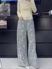 Pantalones de Mezclilla con Estampado Floral Retro Americano Integral para Mujer, Diseño de Verano de Cintura Alta Rectos de Pierna Ancha