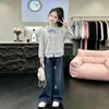 Estilo Coreano Primavera/Otoño Nueva Moda Bloque de Color Sudadera Falsa de Dos Piezas Dulce Linda Dibujos Animados Jeans Conjunto de Dos Piezas para Niñas