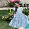 Vestido Doce de Manga Bufante para Meninas 2026 Novo Estilo de Verão para Crianças Maiores Vestido Princesa com Renda Tencel Vestido Infantil