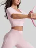 Juyitang Feminino Pêssego Retrô Manga Média Alta Elasticidade Respirável Esportes Fitness Corrida Colado Roupas de Yoga Camiseta