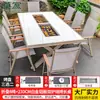 Mesas y Sillas Nórdicas de Exterior Mojia, Aleación de Aluminio con Acabado de Madera, Mesas con Parrilla Eléctrica y de Carbón, Mesas y Sillas para Barbacoa de Exterior en Patio para Uso Doméstico
