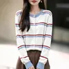 Cardigan de Tricô Listrado Color Block Retrô com Gola Redonda Feminino Casaco Suéter Solto Emagrecedor Para o Trabalho Quente Roupa Externa Casual