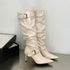 Primeiro Encontro Ji Botas Longas de Salto Alto Femininas 2026 Outono/Inverno Novas Botas Empilhadas Franzidas Bico Fino Salto Agulha Botas de Moda de Salto Alto