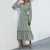 Bai Fen Zhi Yi Comércio Exterior Transfronteiriço Estilo Europeu e Americano Elegante Vestido Longo com Fenda Vestido Floral Verde para Outono e Inverno