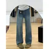 Calça Jeans Reta Azul Claro Feminina Outono e Inverno 2024 Nova Cintura Alta Solta Emagrecedora Forrada com Lã Perna Estreita Larga
