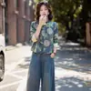 Sentindo o Estilo Nacional Estilo Chinês Novo Moda Elegante Conjunto de Duas Peças Retrô Estampa de Outono Calças de Perna Larga Conjunto Jeans Feminino