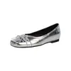 Sapatos Mary Jane de laço e couro de boca rasa sapatilhas prateadas bico quadrado salto oculto slip-ons baixo