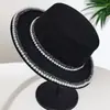 Sombrero de Lana de Ala Plana Estilo Socialité Francés con Perlas, Sombrero Elegante Europeo y Americano, Sombrero de Jazz para Fotografía de Viajes de Celebridades de Internet, Versátil 7 Autooperado