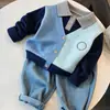 Suéter Falso de Duas Peças Estilo Academia para Meninos e Meninas Outono e Inverno Cor Azul Color Blocking Gola Polo Tricô Bebê Casual Pulôver
