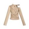 Pure Desire Hot Girl Sexy Irregular Cor Sólida Top Justo Feminino 2024 Design Ombro Plissado Camiseta de Manga Comprida