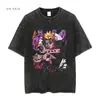 Tamanho Europeu Transfronteiriço Camiseta Masculina de Manga Curta Lavada Vintage Desenho Animado Anime Estilo Dark High Street Europeu e Americano Camiseta Curta Masculina
