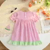Ropa de Verano para Niñas, Vestido Infantil, Bordado de Sandía, Rayas en Bolsillos, Vestido de Manga Corta, Vestido de Princesa con Volantes