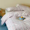 Festa Listrada|Estilo coreano rosa e verde listrado simples 100% algodão tingido na massa algodão lavado conjunto de quatro peças lençol de elástico 1,8m algodão puro