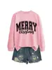 Moletom feminino casual confortável simples com borda e letras de Feliz Natal Amazon eBay site independente