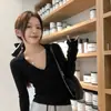 Suéter de punto con cuello polo para mujer para otoño e invierno, engrosado, cuello en V de deseo puro, manga larga, que revela la clavícula, top ajustado