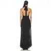 Vestido de noche estilo europeo y americano con cuello halter de malla transparente, vestido largo con profundo escote en la espalda, ajustado, negro, hasta el suelo