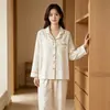 Pijama de Gasa de Algodón Puro para Mujer Primavera y Otoño Nuevo Estilo Conjunto de Pantalones Largos con Solapa Transpirable Cómodo Holgado Ropa de Casa