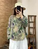 Outono de 2026 Novo Algodão Linho Retrô Artístico Nova Camisa Estampada Top Solto Cardigã Casual Roupas Femininas
