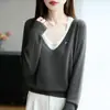 Blusa Feminina Falsa de Duas Peças com Decote V, Tops Transfronteiriços para Mulheres, Tricôs Novos Penteados de Outono e Inverno de Manga Longa para Mulheres