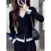 MRModal Algodão Falso Duas Peças Gola V Manga Longa Camiseta Feminina Início do Outono Camada Base Emagrecedor Cardigan de Tricô Top