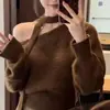 Suéter de Punto para Mujer Estilo Perezoso Cuello Halter Hombros Descubiertos Otoño/Invierno 2025 Estilo Dulce Suéter Suave para Ponerse sin Cremallera Hombros Descubiertos
