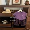 [Dulce Pequeño Chef] ¡Niña Encantadora! Ropa Coreana para Niñas Pequeñas color Morado Uva, Conjunto de Camiseta Bordada y Pantalones Bombachos, a la Moda