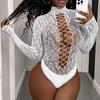 Seda Blanca Diamante Caliente Sexy Lencería Sexy Tentación Jacquard Más Diamante Ajustado Bikini de Manga Larga Una Pieza Malla Tz684