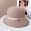 Sombrero de pescador rizado estilo Hepburn para mujer, sombrero de fieltro cálido de otoño e invierno, sombrero de copa de lana australiana, hilo de cáñamo, cinta delgada, color sólido, sombrero de cubeta