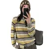 Cárdigan de punto de alta gama con rayas, cuello redondo y manga larga, color Oso Miel, terciopelo, para mujer, nuevo top exterior tipo suéter retro holgado Otoño/Invierno