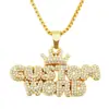 Joias criativas transfronteiriças para homens, pingente de colar com coroa dominadora, costura completa de diamantes, letra, marca militar, acessórios
