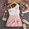 Moda Transfronteriza para Niñas Nueva Colección Primavera/Verano 2026 Conjunto de Pantalones con Falda Jacquard Dulce y Lazo, Top de Tirantes Off-Shoulder