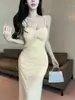 Vestido Feminino de Verão Sexy Estilo Puro Desejo com Renda Plissada Slim-fit de Alça Fina, Temperamento, Decoração Tridimensional, Cintura Marcada, Aderente ao Corpo, Longo