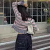 Coleção de outono estilo coreano: cardigan de tricô patchwork listrado com babados versátil, uma peça de outer wear estilosa para mulheres