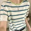 2026 Transfronterizo Súper Elegante Nueva Versión Coreana Moda Reductor de Edad Bloque de Color Rayas Manga Corta Verano Nuevo Top de Punto