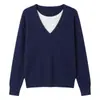 Suéter feminino elegante de outono e inverno, azul marinho, gola macia, estilo casual, falso duas peças, manga longa, corte solto