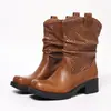 Botas de media caña caladas y perforadas para mujer, Botas vaqueras plisadas apiladas, Suela gruesa, Tacón grueso, Punta cuadrada, Estilo europeo y americano