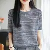 Nuevo Suéter de Punto de Cuello Redondo de Manga Corta en Color Contrastante con Corte Inferior Tencel Lyocell para Primavera y Verano Camiseta Superior