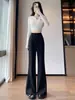 Pantalones de traje grises acampanados para mujer, nuevo estilo otoño 2026, de cintura alta, adelgazantes, casuales, fluidos, de pierna ancha hasta el suelo A13765