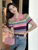 Suéter de cuello polo de verano para mujer, de manga corta, nuevo, con cuello en V, ajustado, adelgazante, estilo Spice Girls, top corto de seda helada a rayas, ropa